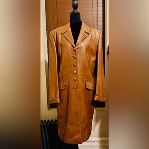 Women's Vintage 1990 Camel Brown Leather Knee-Length Coat
